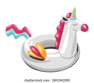 Unicorn lifebuoy, creature with rainbow horn, wings and tail. Mystical character buoy for swimming and floating on water. Summertime vacations. Inflatable balloon isolated icon, vector in flat style