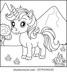 Unicorn line art for coloring book with simple background