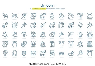 Unicorn line icon pack. Unicorn Stroke icon set. Editable Stroke icon