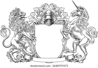 A unicorn and lion coat of arms or crest family heraldry medieval heraldic knight shield with helmet and acanthus filigree scroll ornament in a vintage woodcut style.
