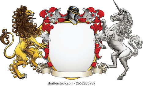 Um unicórnio e leão brasão de armas ou crista família heráldica cavaleiro medieval escudo heráldico. Com capacete e ornamento acanthus filigree scroll em um estilo de xilogravura vintage.