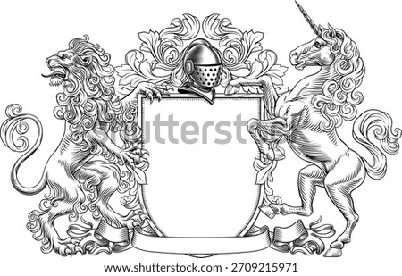 A unicorn and lion coat of arms or crest family heraldry medieval heraldic knight shield with helmet and acanthus filigree scroll ornament in a vintage woodcut style.