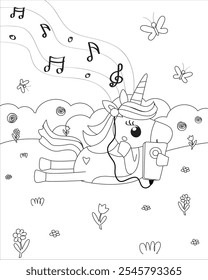 Unicorn listening music with ear pods chilling colouring book