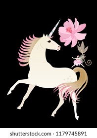 Unicorn and little fairy ballerina with big pink flower isolated on black background in vector. Greeting or invitation card, print for fabric, logo.