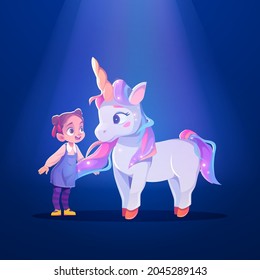 Unicorn and little girl cartoon characters, child and cute white pony or horse with horn and rainbow mane. Sweet dream, baby imagination, fantasy animal and kid meet at light beam, Vector illustration