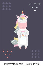 Unicorn with a little rainbow in a Scandinavian style. Vector illustration.