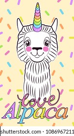 unicorn llama. Cute white wool llama isolated on light yellow background. Motivational and inspirational quote. Vector illustration.