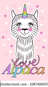 unicorn llama. Cute white wool llama isolated on light pink background with hearts. Motivational and inspirational quote. Vector illustration.