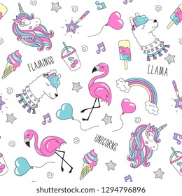 Unicorn, Llama and flamingo pattern on a white background. Trendy seamless pattern. Fashion illustration drawing in modern style for clothes. Drawing for kids clothes, t-shirts, fabrics or packaging.
