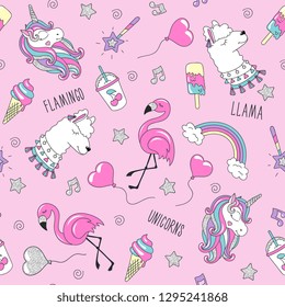 Unicorn, Llama and flamingo pattern on a pink background. Trendy seamless pattern. Fashion illustration drawing in modern style for clothes. Drawing for kids clothes, t-shirts, fabrics or packaging