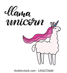 Unicorn llama with horn and pink hair lettering vector illustration in flat style. Baby clothes design. Cute nursery decoration. Fantastic animals from fairy tales for children. EPS10