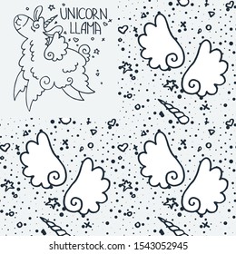 Unicorn Llama. Vector pattern with wings and horns of cute unicorns, dots and stars. Magic vector seamless background