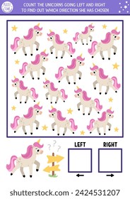 Unicorn logic game with right and left concept for kids. I spy searching, counting activity with cute horse with horn. Fairytale printable space orientation worksheet. Simple spotting puzzle