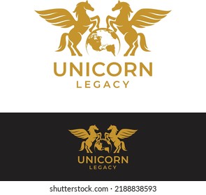 Unicorn logo design with 2 unicorn and globe world