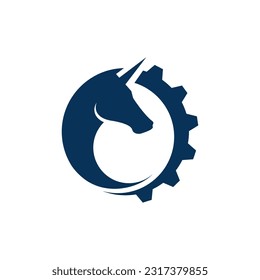 Diseño de logotipo de unicornio con círculo de engranajes