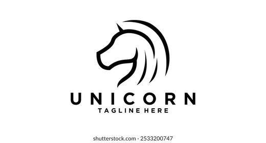 Diseño de logotipo de unicornio, caballo, cuerno, cabeza, Vector de diseño de logotipo, símbolo, ícono, idea, creativo.