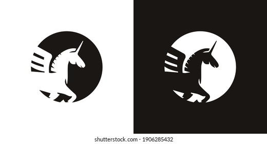 Diseño de logotipo de unicornio, vectores premium de ideas de logotipo de unicornio.  silueta de una ilustración vectorial unicornio de cuerpo completo con arte mínimo.