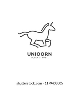 Unicorn logo design template in linear style. Vector illustration.
