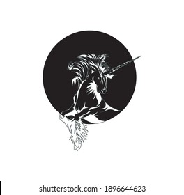 unicorn logo with a full moon rising. black and white colors.
