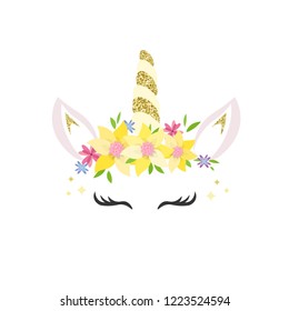 Unicorn logo with horn, ears and flowers. Great for badge, card, greeting, baby birthday party, t-shirt, banner, invitation template. Isolated on white background. Vector.