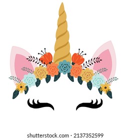 Unicorn logo with horn, ears and flowers. Great for badge, card, greeting, baby birthday party, t-shirt, banner, invitation template. Isolated on white background. Vector.