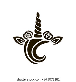 Unicorn logo with horn, ears, roses and bang. Isolated on white background. Vector.