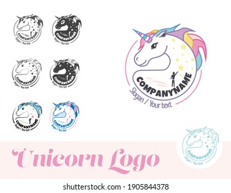 Unicorn logo set in different variations, in cartoon style colourful. Will be good for paediatric center