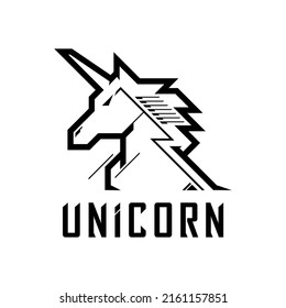 Unicorn Logo Tech Design Vector. Simple Line Horse Pegasus With Horn Logo Design.