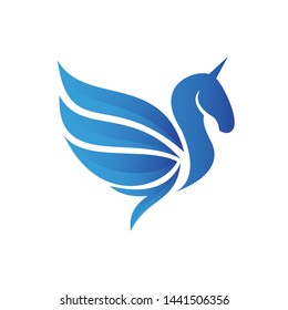 Unicorn logo template. Blue Pegasus logo symbol isolated on white background