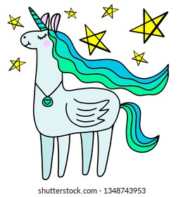 Unicorn with long hair and stars vector illustration in blue colors, flat style image. Baby clothes design. Cute nursery decoration. Fantastic animals from fairy tales for children. EPS10
