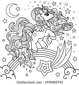 A unicorn with a long mane. Black and white linear drawing. For children's design prints. posters, coloring books, stickers, postcards, etc. Vector
