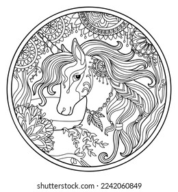 Unicorn with long mane in flower frame round shape. Hand drawing magic horse for coloring book, tattoo, puzzle, print, decor. Stylized vector illustration of unicorn on a nature in tangle doodle style