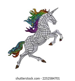 A unicorn with a long mane. Illustration of a galloping magical unicorn. For the design of prints, posters, postcards, logos, icons