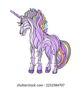 Un unicornio con una larga melena. Ilustración de un galopante unicornio mágico. Para el diseño de impresiones, carteles, postales, logotipos, iconos