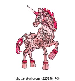 A unicorn with a long mane. Illustration of a galloping magical unicorn. For the design of prints, posters, postcards, logos, icons