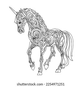 A unicorn with a long mane. Illustration of a galloping magical unicorn. For the design of prints, posters, postcards, logos, icons. Coloring page