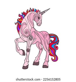 A unicorn with a long mane. Illustration of a galloping magical unicorn. For the design of prints, posters, postcards, logos, icons