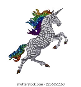 A unicorn with a long mane. Illustration of a galloping magical unicorn. For the design of prints, posters, postcards, logos, icons