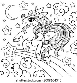 Unicorn with a long tail on a rainbow. Linear black and white drawing. For children's design of prints, posters, cards, stickers, tattoos, etc. Vector 