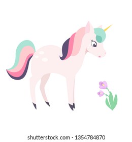 Unicorn looking at a flower, cartoon cute character. Isolated vector illustration