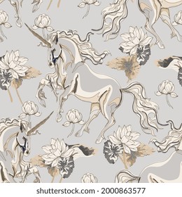 Unicorn, lotus flower and leaves on background. Seamless vector pattern for fabric, wallpaper, wrapping paper, invitation card, scrapbooking. Beige, ivory, cream colors.