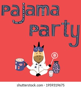 Unicorn in lotus position on in pajamas with a cup of cocoa and marshmallows, lolipop, pajama party, holiday with a unicorn.