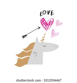 Unicorn in love, arrow, hearts set, sign, magical, cutie. Decor elements, stickers. Vector, clip art. Isolated.