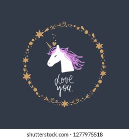 Unicorn in love, baby stylish illustration, unique print for posters, cards, mugs, clothes and other. Clipart, sticker