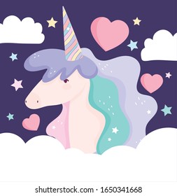 unicorn love hearts clouds fantasy magic cute cartoon vector illustration