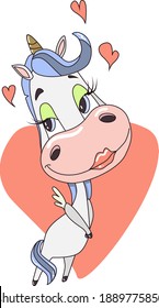 unicorn love white Valentine Day kiss card couple fantasy a heart. Unicorn sends a kiss.Love The Sticker. vector card