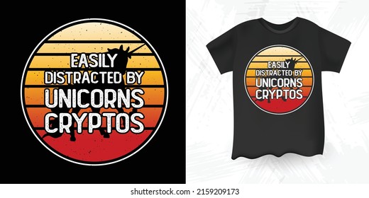 Unicorn Lover Funny Retro Sunset Vintage Bitcoin BTC Crypto-Currency T-shirt Design