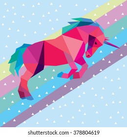 Unicorn low poly colorful design vector illustration isolated on rainbow sky background.
