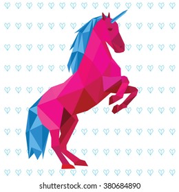 Unicorn low poly design vector illustration isolated on white background with blue hearts.