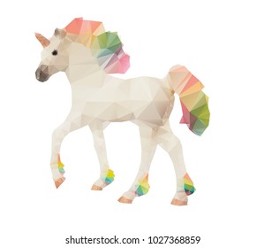 Unicorn low poly polygonal vector illustration with multicolor rainbow mane and tail isolated on a white background.
